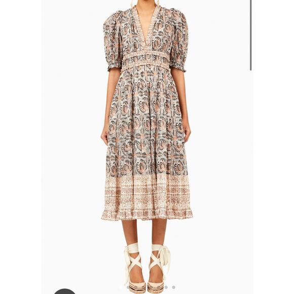 Ulla Johnson Dresses & Skirts - Ulla Johnson Elli Dress Yarrow Puff Sleeve Midi Length V Neck Leaf Print Dress 6